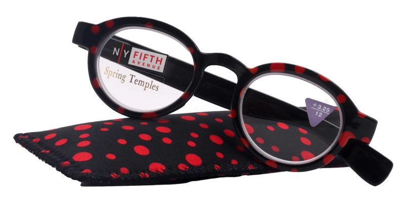 dotty chic round reading glasses for women black w red frames with playful polka dot pattern 125 3 ny fifth avenue ny fifth avenue 766152