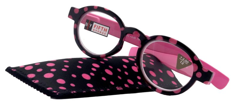 dotty chic round reading glasses for women pink frames with playful polka dot pattern 125 3 ny fifth avenue ny fifth avenue 539214